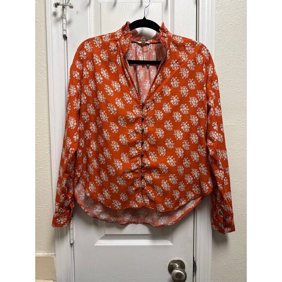 Anthropologie Pilcro Tavi Button Down Floral Orange Bohemian Blouse Size Small - Picture 2 of 7